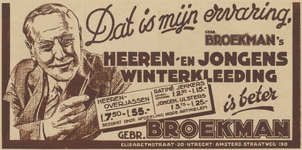 717391 Advertentie van de Gebr. Broekman, Kledingmagazijnen, Lange Elisabethstraat 20 en Amsterdamsestraatweg 196 te Utrecht.